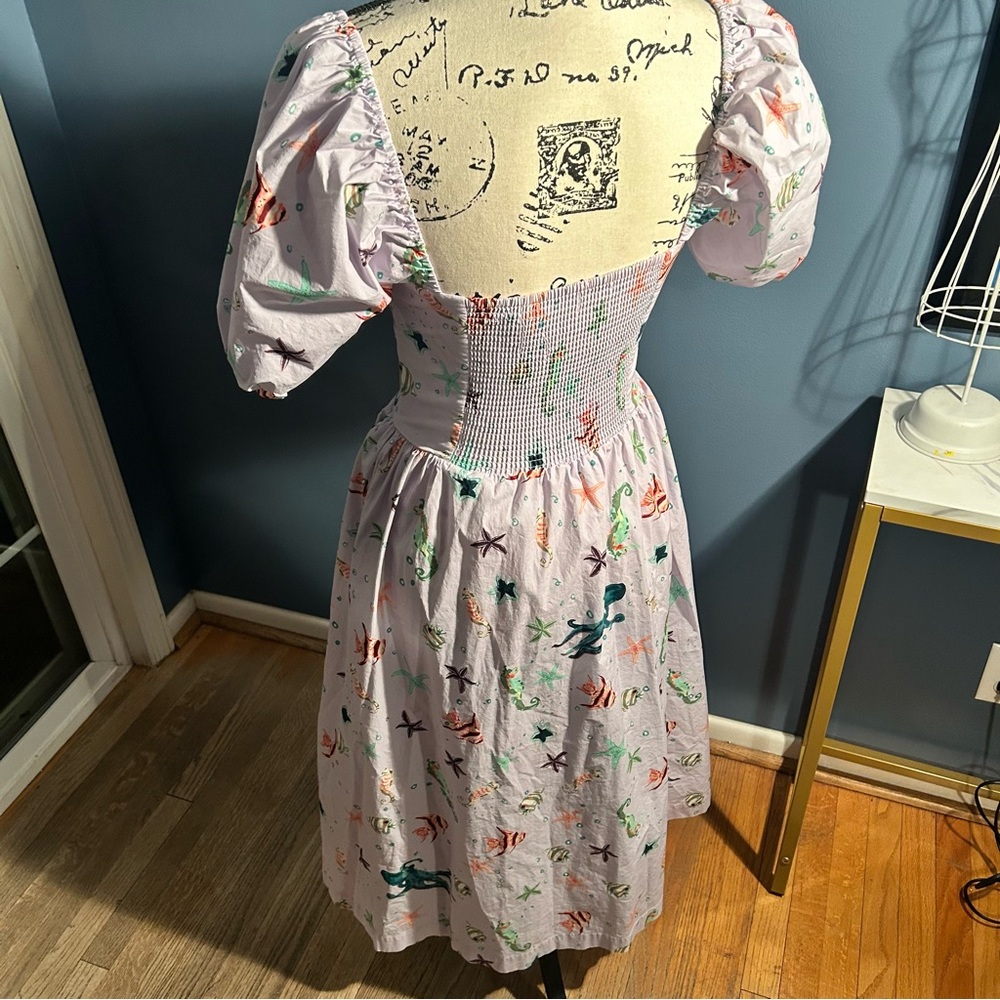 Hill House Sea Creatures Fish Print Puff Sleeve Midi Ophelia Dress - Picture 6 of 14